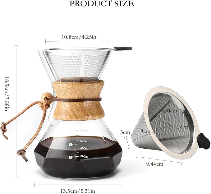 Lalord Pour Over Coffee Maker, 600ml/20oz Borosilicate Glass Carafe with Stainless Steel Filter & Wooden Collar, 3-4 Cups Capacity, Clear