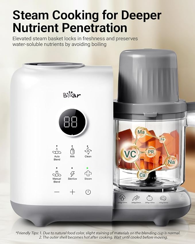 Bear Baby Food Maker Steamer&Blender with Dual-Layer Steam Baskets, 18.5oz | OneStep Baby Food Processor Puree Maker Grinder Mills Bottle Warmer, Sterili-zing for Healthy Homemade Baby Puree, BPA-Free