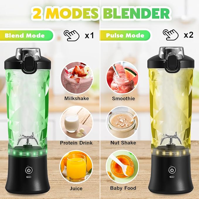 Portable Blender Personal Juicer for Shakes Smoothies with Insulated Sleeve | 20 Oz Electric Protein Shaker Bottle, Travel Lid, USB-C Rechargeable, Mini Small Cordless Blender Cup for Kitchen Travel Gym