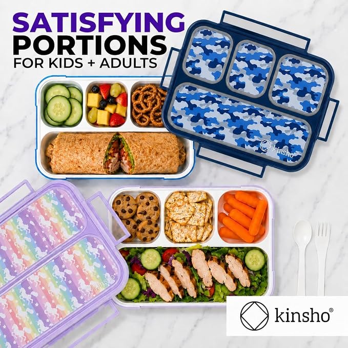 kinsho Bento Lunch Boxes for Kids, Meal and Snack Containers for Boys Girls for School, 4 Compartments, Utensils, BPA Free (Purple Rainbow Unicorn + Blue Camo, 2 Pack Set)