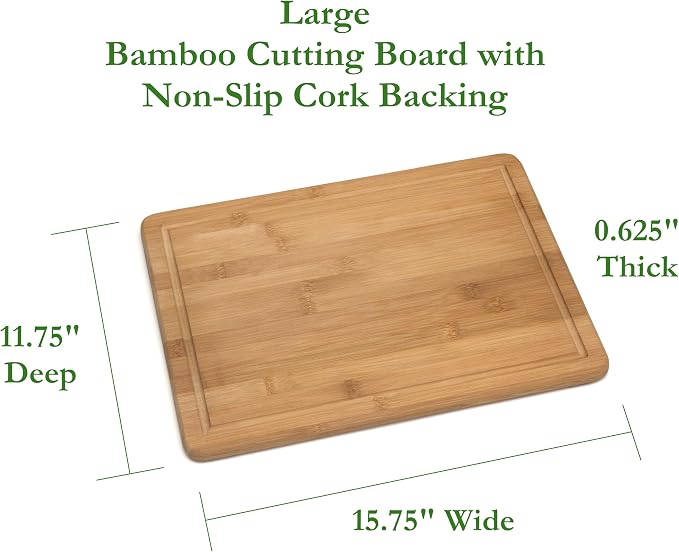 Lipper International Bamboo Wood Kitchen Cutting and Serving Board with Non-Slip Cork Backing, Large, 15-3/4" x 11-3/4" x 5/8"