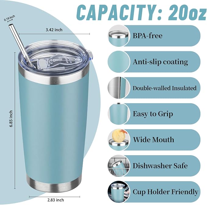 20 oz Tumbler with Lids and Straws, Stainless Steel Insulated Travel Coffee Mug, Double Wall Vacuum Insulated Tumblers, Powder Coated Coffee Tumbler for Cold & Hot Drinks (Azure Blue)