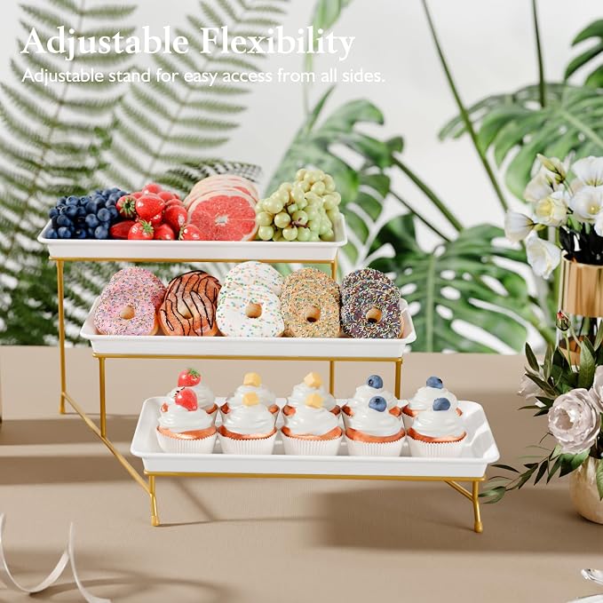 Bumusty 3-Tier Melamine Serving Tray Set, 14 x 7 in, Gold Stand | Melamine Reusable Platters with Metal Display Stand for Cupcakes, Desserts, Fruit, Cookies, Parties, Birthdays and Holidays