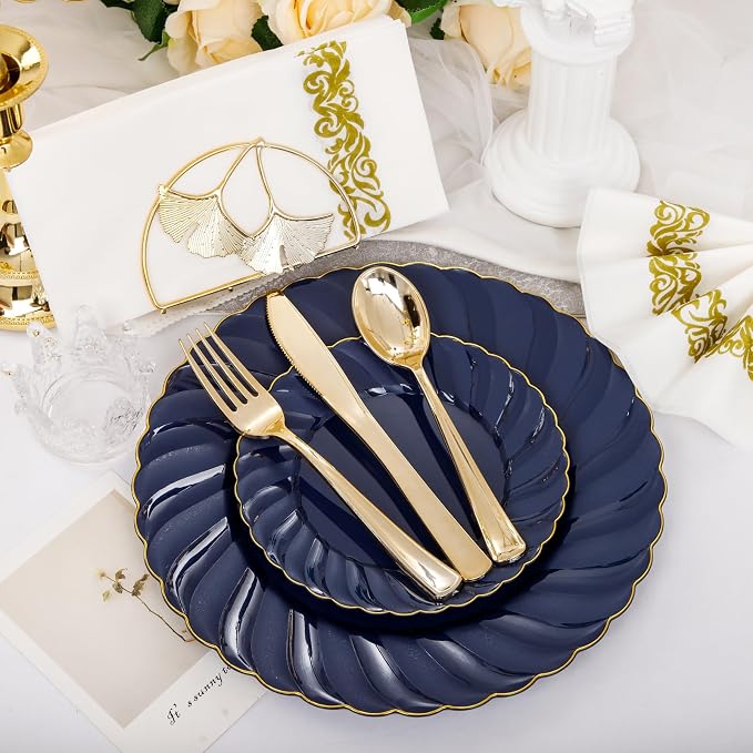 YOUBET 150PCS Blue Plastic Plates for Wedding Birthday Parties | Heavy Duty Navy Blue Disposable Plates include 50 Plates, 75 Silverware, 25 Napkins