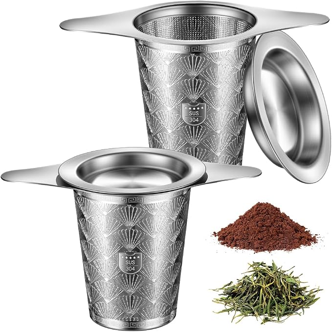 2Pack Extra Fine 18/8 Stainless Steel Tea Infuser BOMANSI BOMS Tea Strainer with Large Capacity & Perfect Size Double Handles for Hanging on Teapots, Mugs, Cups to Steep Loose Leaf Tea and Coffee