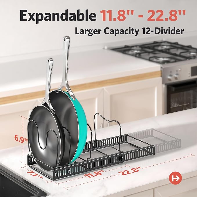 Pots and Pans Organizer under Cabinet, 11.8-22.8" 14 Dividers Black | Extends 11.8-22.8", Holds pot lids, pans, cookware and bakeware, Adjustable dividers, for under cabinet or countertop