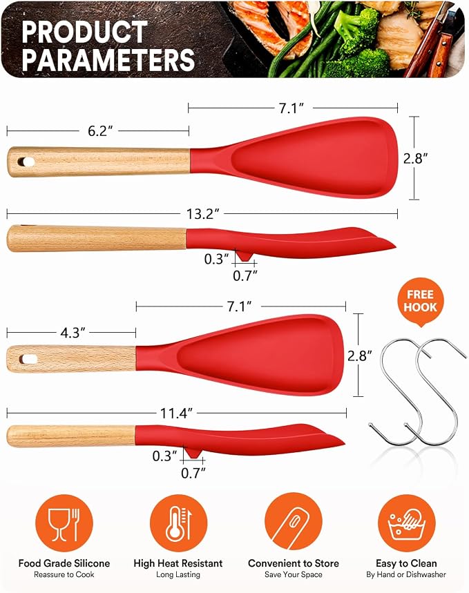 Multifunction Cooking Spoons for Nonstick Cookware,11.4"&13.4", Red | Great for Cooking and Serving, Sturdy BPA-Free Matte Silicone, Wood Handle spoonula for Mixing, Scoop, and Scrape
