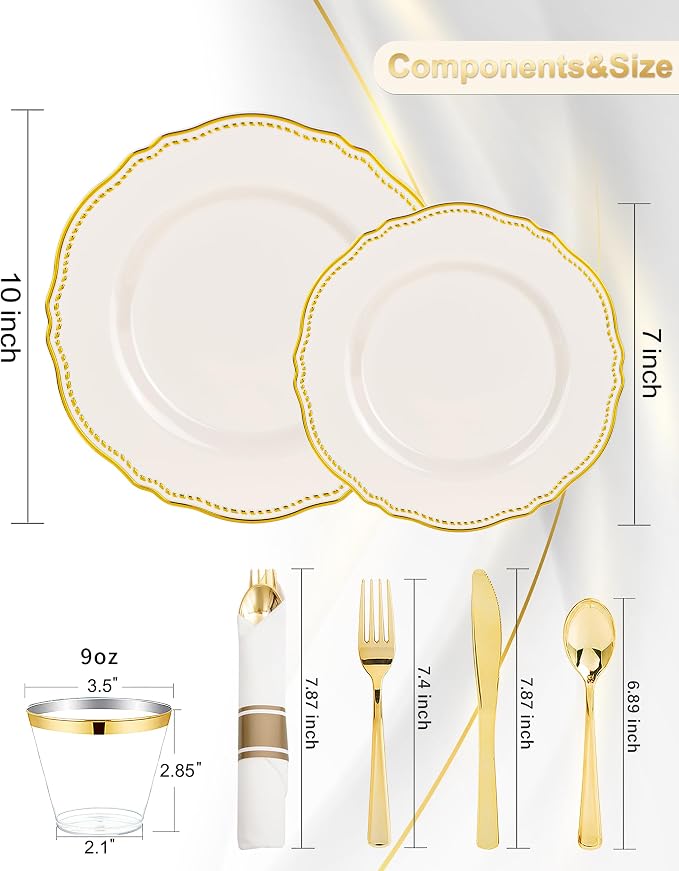175 Pcs Ivory Gold Plastic Plates Wedding & Party | Gold Plastic Dinnerware Set Includes 25 Dinner Plates, 25 Dessert Dinnerware, 25 Cups, 25 Napkins Perfect