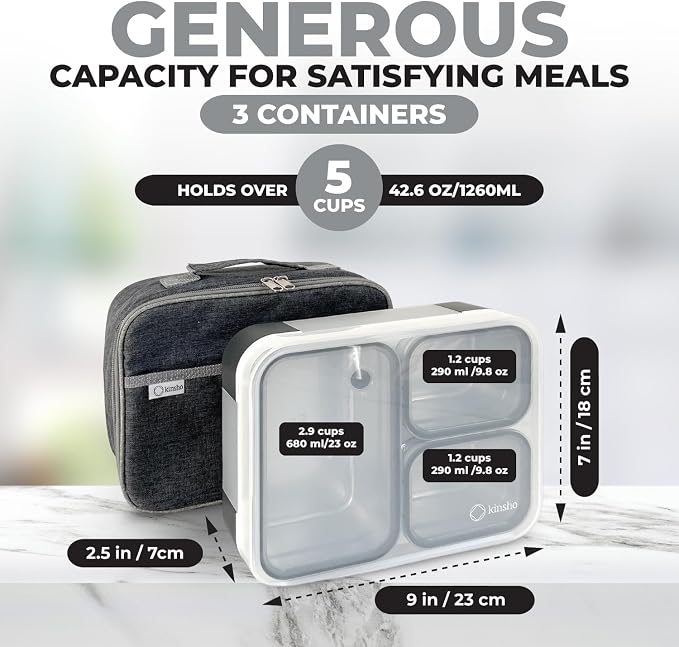 Stainless Steel Bento Lunch Box Set For Adults, Kids - Insulated Bag And Ice Pack - Large Leak-Proof Metal Compartment Meal Prep Food & Snack Containers For Work Travel School, 42 Oz Grey Black
