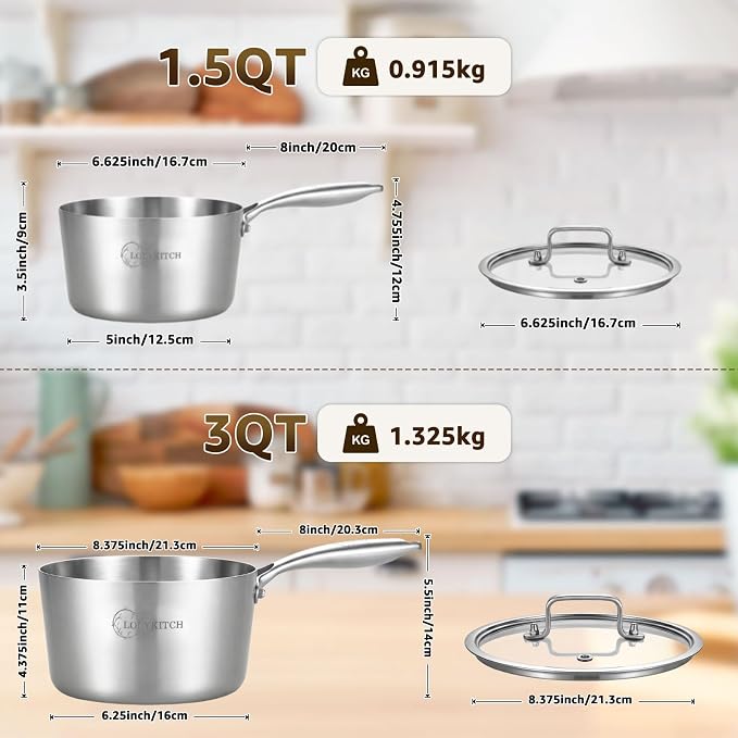 LOLYKITCH 1.5QT & 3QT Stainless Steel Saucepan Set with Glass Lids | Tri-Ply | Uncoated | Heavy Bottom | Cooking Pots | Metal Sauce Pans for Induction Cooktop | Ergonomic Handle