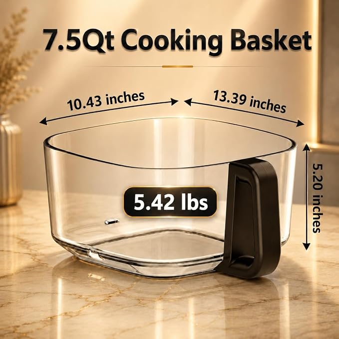 BOSWELL 7.5 QT Large Glass Air Fryer, 6-1 Preset Cook Modes | Transparent Fry Bowl, Black, Circulating Heating & Temperature Control, Steak, Fries, Bake,Chicken, Dishwasher Safe