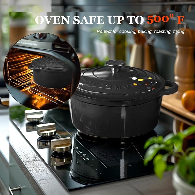 Overmont Enameled Cast Iron Dutch Oven - 5.5QT Pot with Lid Cookbook & Cotton Potholders - Heavy-Duty Cookware for Braising, Stews, Roasting, Sourdough Baking Graphite Gray