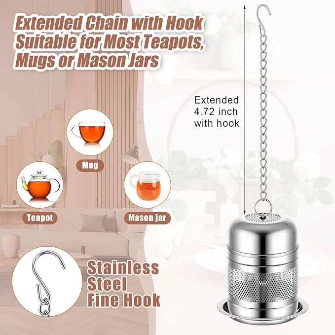 4 Pcs Tea Infuser Strainers for Loose Tea with Scoop, Extra Fine Mesh Steeper 304 Stainless Steel Diffuser Leaf Holder with Extended Chain Hook for Brew, Spices, Seasoning (Stylish Style)