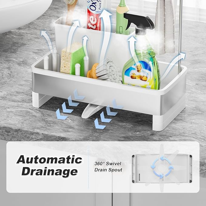 Ewaiira Sponge Holder for Kitchen Sink, Stainless Steel Sink Caddy | with Brush Holder & Dishcloth Rack, Countertop Sink Organizer, Soap Dispenser Kitchen Organizers Storage (E-White 9.8″)