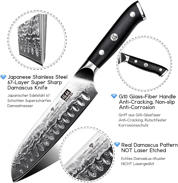 SHAN ZU 7 In Damascus Chef Knife, Japanese Santoku Chef's Knife | Damascus High Carbon Stainless Steel Multifunction Kitchen Knives& Ergonomic Fiberglass G10 Handle