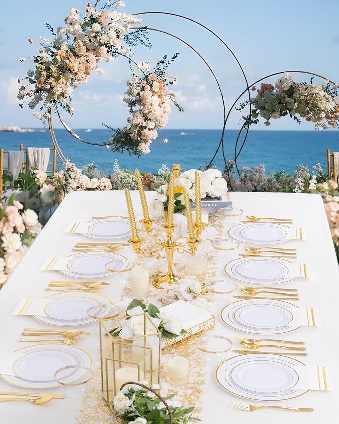 GATHER 700PCS Gold Plastic Dinnerware Set for 100 Guests for Wedding Party | White and Gold Disposable Dinnerware Sets include 200 Plate, 300 Silverware, 100 Cups, 100 Napkins for Anniversary