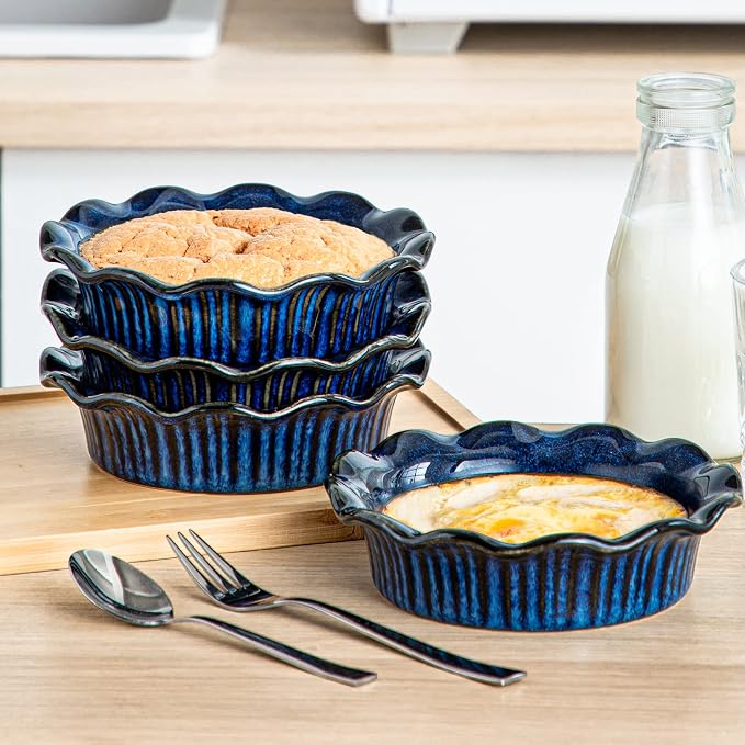 vancasso Ceramic Mini Pie Pans Set of 6, 5.2 Inch Small Pie Plates for Baking with Ruffled Edge, Individual Quiche Baking Dishes Tart Pans, Mini Pot Pie Plates for Microwave & Oven Safe, Blue