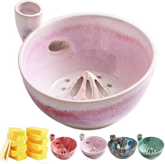 Self Spinning Ceramic Berry Washing Bowl with Drain Holes, 7'' Kitchen Fruit Washer Spinner Bowl with 10pcs Sponges (A-Pink)