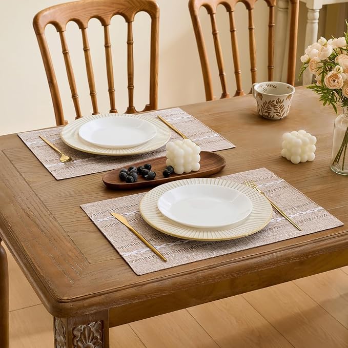 Wracra Cotton Linen Place Mats, Brown Embroidered Placemats Set of 8 | Placemats 12 x 18 Inch; Cotton Linen Woven Fabric; Heat Resistant Table Mats; Raised Embroidered Hollow Design