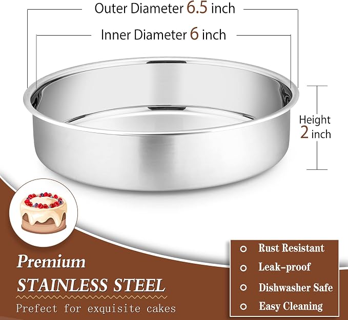 P&P CHEF 6 Inch Round Cake Pan Set of 3, Stainless Steel Baking Cake Pans | Round Baking Cake Pan Bakeware for Layer Birthday Cake, Fit Oven/Pots/Pressure Cooker, Leakproof & Dishwasher Safe, Silver