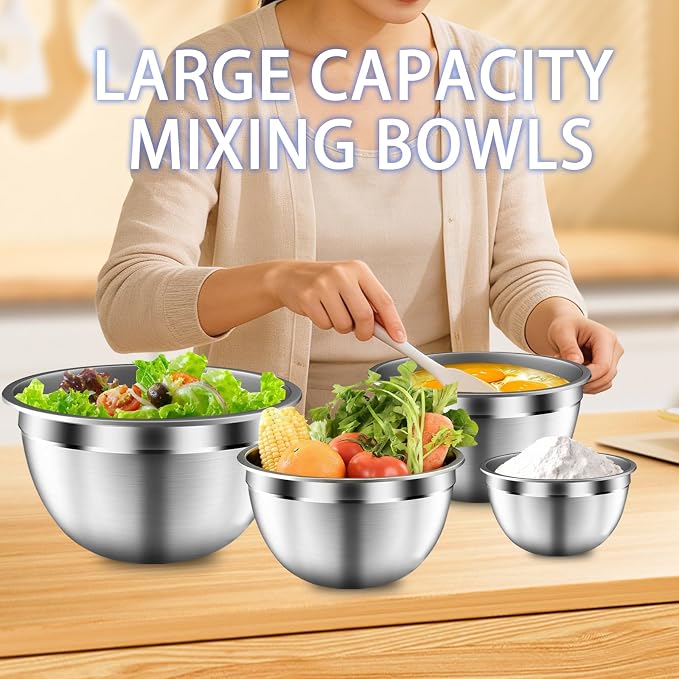 Mixing Bowls with Airtight Lids Set, 5 PCS Stainless Steel Black | Nesting Storage Bowls for Kitchen, Large Prep Metal Bowl, 5.5/4/3.5/2/1.5 QT for Mixing, Serving & Backing, Dishwasher Safe