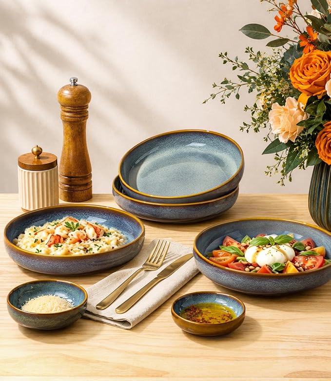 8.5" Ceramic Pasta Bowls Set of 4, Salad Bowls | Versatile Serving Bowls for Pasta, Salad, Fruit & Noodles, Housewarming & Wedding Gift, Dusk Blue