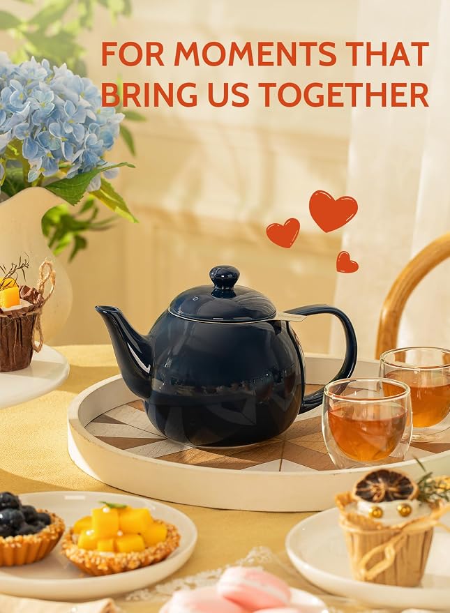 Sweese Teapot, Porcelain Tea Pot with Stainless Steel Infuser, Blooming & Loose Leaf Teapot - 27ounce, Navy