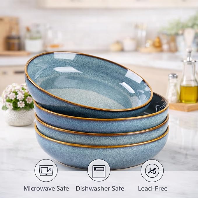 GBhome 8.75'' Large Ceramic Pasta Bowls, 38oz Stoneware Pasta Serving Bowls Set of 4 for Kitchen, Wide Bowls for Fruit,Pasta,Salad,Oatmeal,Meal, Microwave Safe, Reactive Glaze-Space Blue