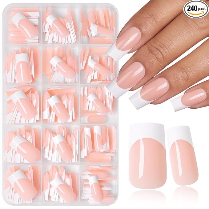 240pc Medium Square French Tip Press on Nails Nude Fake Nails with Tabs | Medium Nails Press ons Square Glue on Nails Acrylic Nails Stick False Nail Artificial Fingernail for Women Girls