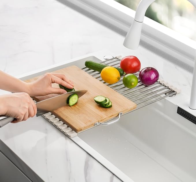 Tomorotec Roll Up Dish Drying Rack Over Sink, 304 Steel, 17.7x12.5, White | Anti-Slip Silicone Rims For Grip, Heat-Resistant Trivet Mat Holding Heavy Cookware, Rustproof Kitchen Counter Space Saver