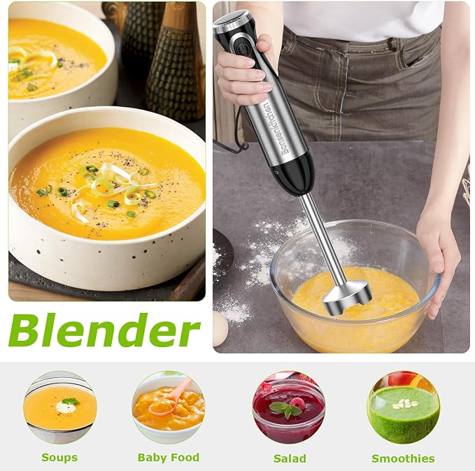 Bonsenkitchen 2-in-1 Immersion Handheld Blender with 20 Speeds & Turbo Mode | 500W Hand Blender, Egg Whisk, 304 Stainless Steel Blade, Portable Hand Mixer for Smoothie, Soup, Baby Food