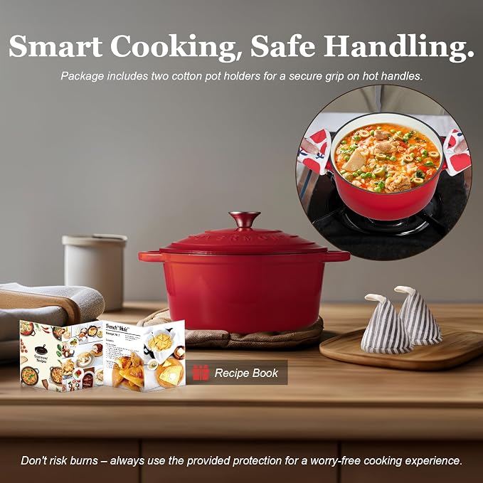 Overmont Enameled Cast Iron Dutch Oven - 4.5QT Pot with Lid Cookbook & Cotton Potholders - Heavy-Duty Cookware for Braising, Stews, Roasting, Sourdough Baking red