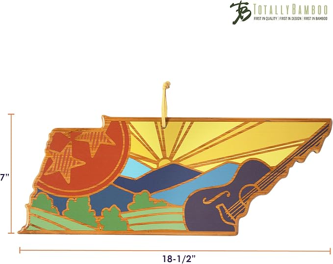 Totally Bamboo Tennessee State Shaped Cutting Board, Summer Stokes Art | State charcuterie board with colorful hand-drawn landscape art. Smooth reverse side for food prep. Hang tie for wall display.