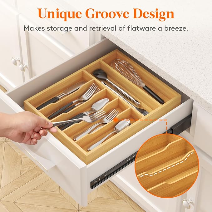 Lifewit Bamboo Silverware Tray for Drawer, 12.9 x 16.5 | Utensil Organizer for Kitchen, Flatware and Cutlery Holder, Storage for Spoons Forks Knives, Natural