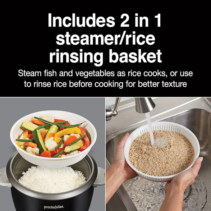Proctor Silex Rice Cooker & Food Steamer, 16 Cups Cooked (8 Cups Uncooked) | Includes Steam and Rinsing Basket , Measuring Cup & Spatula | Easy 1 Touch Controls | Black | 37527MN
