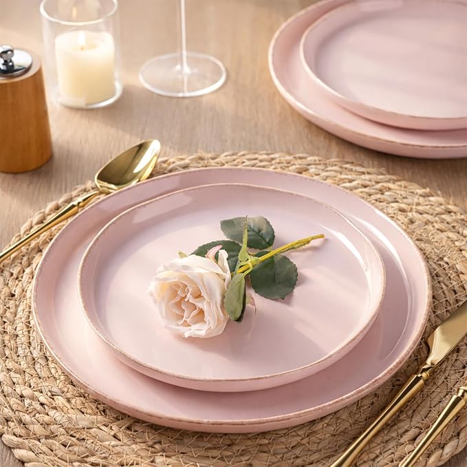 AmorArc Dinnerware Sets for 4, 12 Pieces Ceramic Plates and Bowls Set | Scratch Resistant Stoneware Dishes Set, Dishwasher & Microwave Safe, Cloud Pink