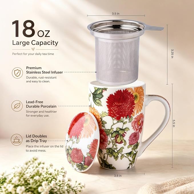 AmorArc Tea Cup With Infuser and Lid, 18oz Loose Leaf Tea Mug With Steeper | Porcelain Tea Mug With Infuser and Lid, Strainer Tea Cup for Tea Lovers, Home & Office, Housewarming Birthday Gift