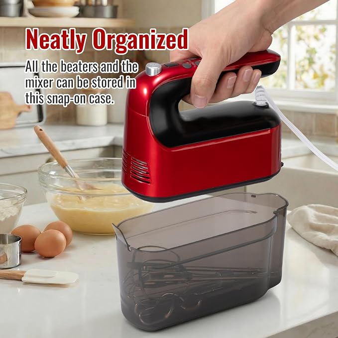 CBQ Hand Mixer Electric, 9 Speed 400W Handheld Mixer with Digital, Touch Button, Turbo, Snop-On Storage Case, 5 Stainless Steel Accessories, Hand Mixer Electric Handheld for Cake, Cookie, Egg (Red)