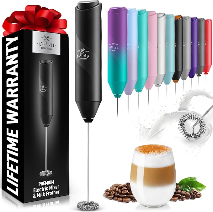 Zulay Kitchen Powerful Milk Frother Wand - Handheld Stainless Steel - Battery Operated Drink Mixer for Coffee, Lattes, Cappuccino, Matcha - Froth Mate Frother Gift - Absolute Black