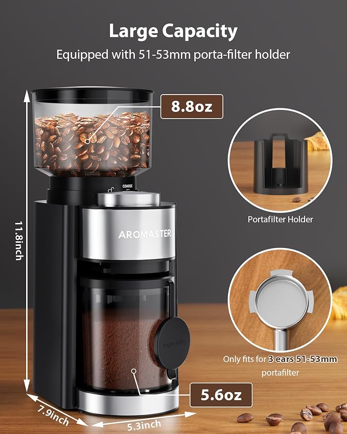 Aromaster Burr Coffee Grinder, 25 Settings, 2-12 Cups, Anti-Static, Black | Stainless Steel, Removable Burr, Brush for Easy Cleaning, Coffee Grinder for Espresso French Press Home Use, Compact, Quiet