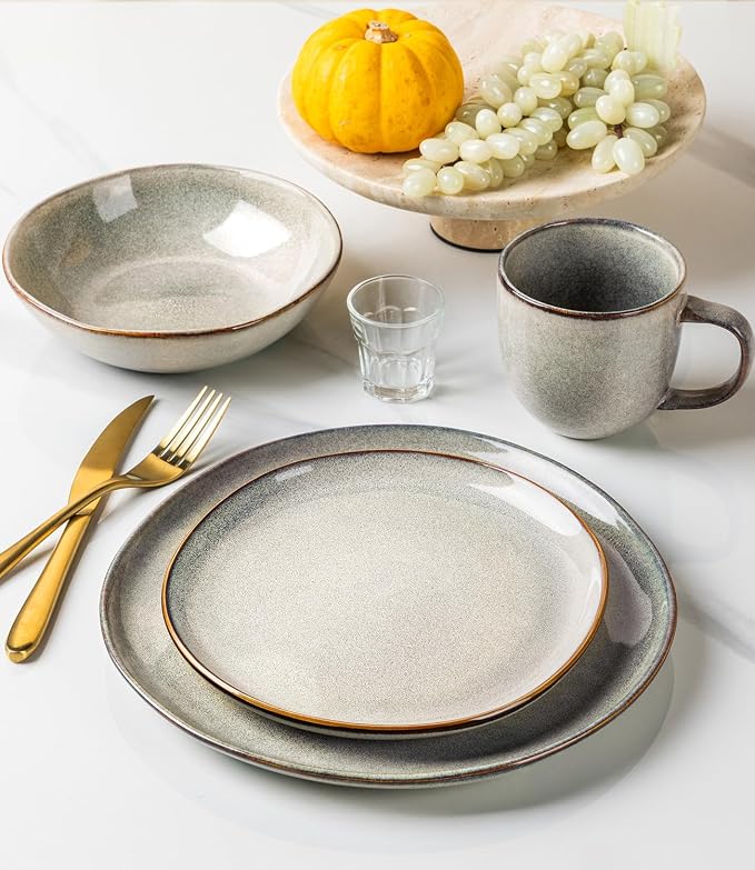 GBHOME Stoneware Dinnerware Sets for 4,12 Piece Rustic Plates and Bowls Set | Earthenware Handmade Reactive Glaze Plate Sets, Chip Resistant Ceramic Dishes, Microwave & Dishwasher Safe, Wheat Green