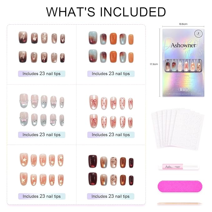 6 Packs (144 Pcs) | Reusable Press on Nails | 6-Style Bundle | 12 Sizes | Each Style 24 Pcs | Soft Neutral & Autumnal