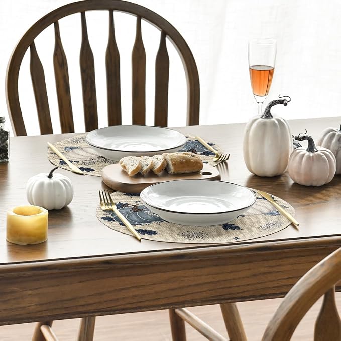 Artoid Mode Navy Blue Pumpkins Round Fall Placemats Set of 4-14 Inch | Heat-Resistant, Washable Table Mats, Seasonal Autumn Kitchen Dining Decor