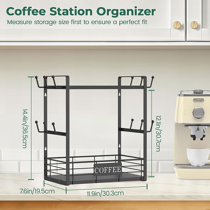 EsLuker.ly Coffee Mug Cup Holder Tree Bar Station Organizer, 2 Tier Black | Mug Stand Rack for Countertop Kitchen, Storage Tower Display Shelf with 12 Hooks, Coffee Nook Enhancer