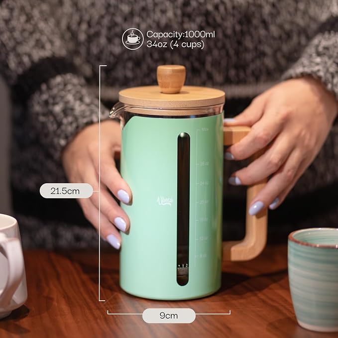 French Press 34 oz Coffee Maker | Mint Green | Thick Borosilicate Glass | Bamboo Handle 2-Layer | Stainless Filter and cover | Easy Clean Eco-Friendly Gift ready Set