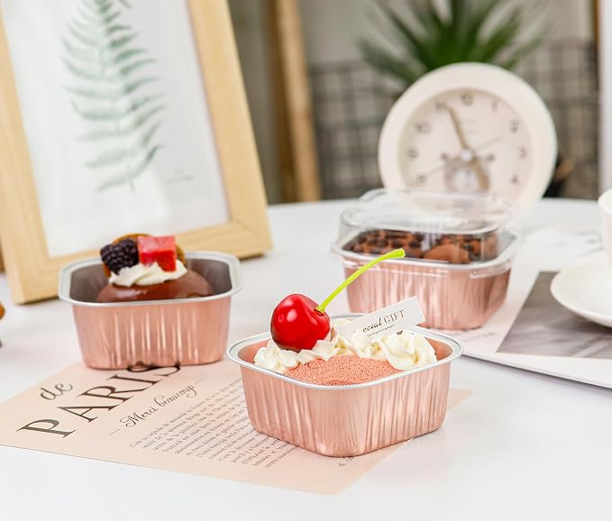 NPLUX Square Foil Cups with Lids, 50 Pack Champagne 5oz for Weddings | Fits tartlets, pudding desserts, loaf slices and sweet samples; compact shape makes tray planning easier.