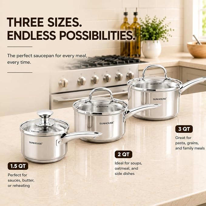 SUNHOUSE 3-Piece Stainless Steel Saucepan Set with Glass Lids | 1.5QT & 2QT & 3QT Small Sauce Pot Set for Cooking - Stainless Steel Milk Pan & Sauce Pan Set - Induction Compatible