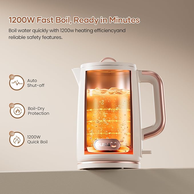 OLEGA Electric Tea Kettle: 1200W Fast Boil Electric Water Kettles 1.5L | Stainless Steel Kettle; Large Electric Water Kettle; Plastic Free Teapot; Auto Shut-Off Water Boiler; Fast Boil Kettles