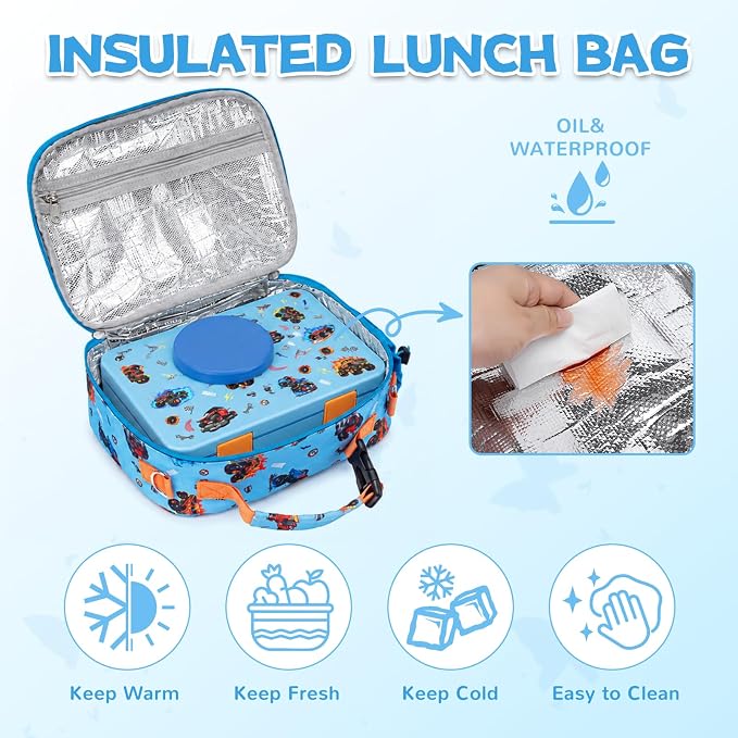 Bento Box for Kids, Leakproof Kids Lunch Box with 8.5OZ Thermo Food Jar & Lunch Bag, 3-4 Compartments Toddler Insulated Lunch Box for Boys, BPA Free Lunch Containers for School Daycare