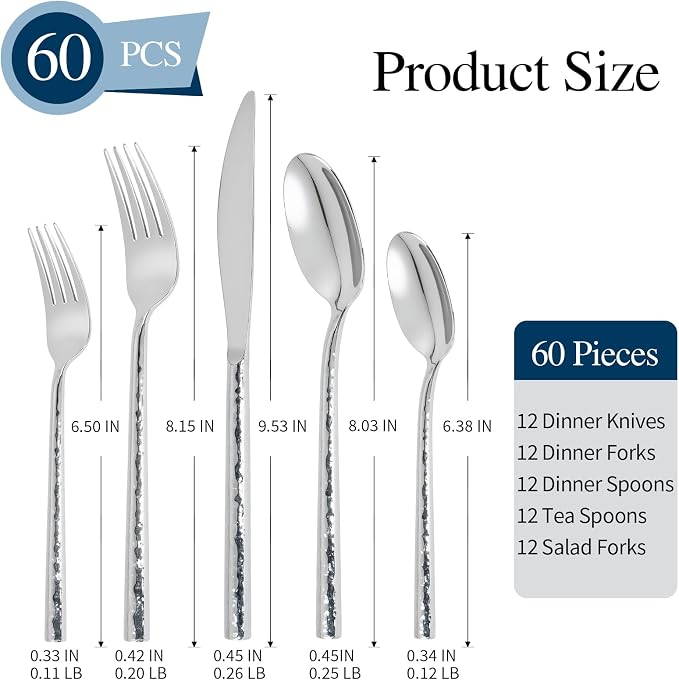 Silverware Set 60 Piece Hammered Round Handle Service for 12 | 18/10 Stainless Steel Flatware Set, Heavy Duty Utensil, Cutlery Set for Home Party Wedding, Mirror Polished Dishwasher Safe